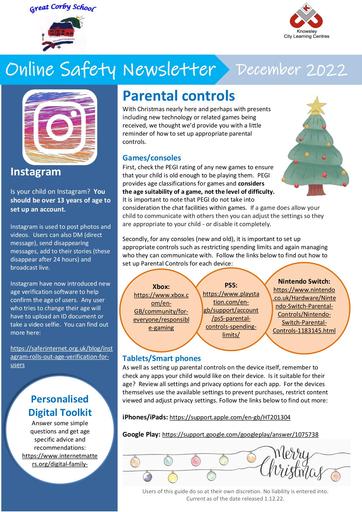 Online Safety Newsletter Primary December 2022 Great Corby